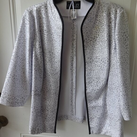 Alex Evening two piece top & jacket PXL white with black and silver glitter, - Picture 6 of 13